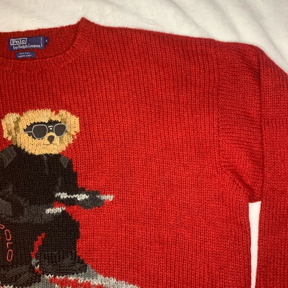 Rare Polo Ralph Lauren Hand Knit Wool Ski Polo Bear 94’ Red Sweater XL - Picture 5 of 10